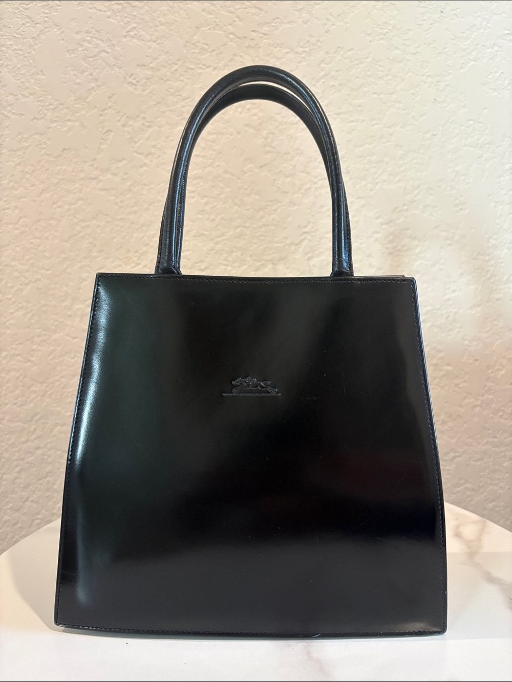 Longchamp Classic Black Patent Leather Tote Mini Handbag